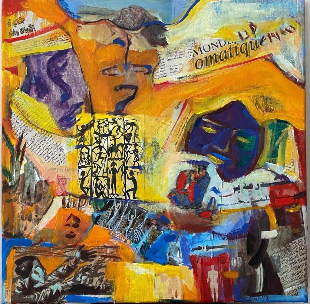 Composition abstraite de figures et masques, collage de Le Monde diplomatique sur fond ocre.
